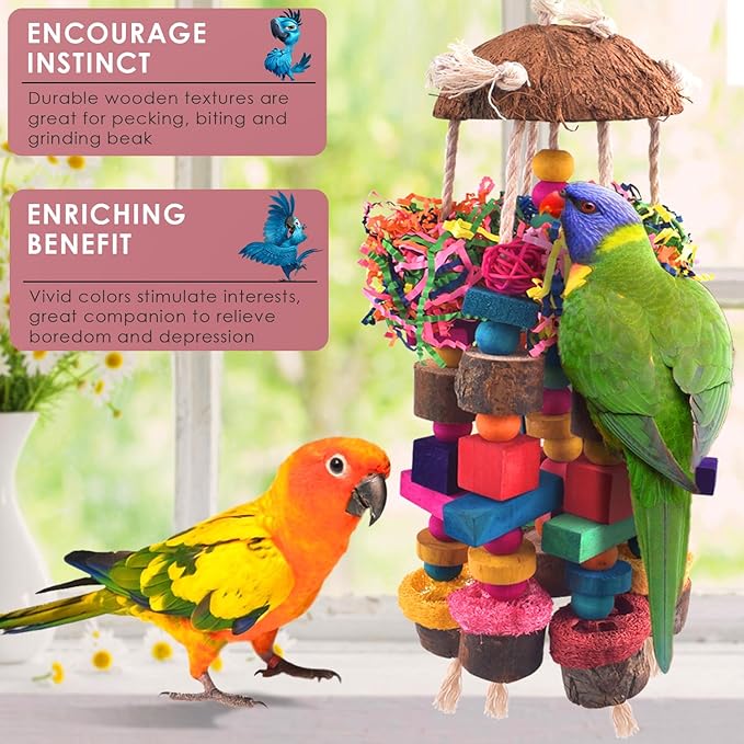 KATUMO Parrot Toys, Large Bird Chew Toys Medium Parrot Cage Accessory Colorful Wood Block Toys for Medium to Large Birds Macaws African Greys Cockatoos Amazon Parrots