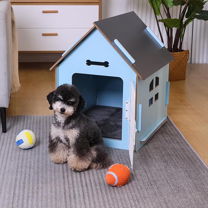 Dog House Indoor for Small Dogs or Cats, Cozy wooden design, Small indoor bed house, with Air Vents and Elevated Floor Warm Dog Cave (Large Blue)