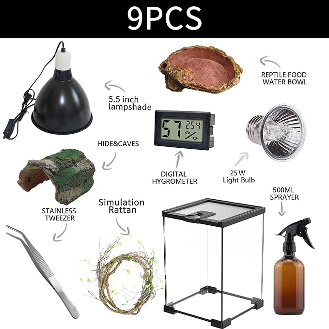 Reptile Terrarium (9Pieces) 8 * 8 * 12 Amphibian Vertical Habitat Tank Starter Kit, Suitable for Small Reptiles such as Geckos, Snakes, Lizards, Chameleons, Serpents(8 * 8 * 12 inchs)