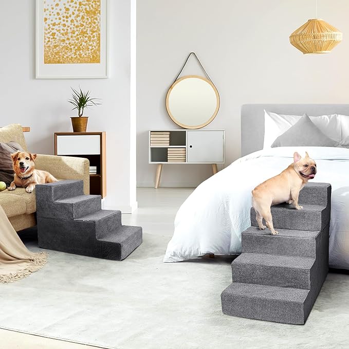 Heeyoo Dog Stairs for Small Dogs,5-Step Dog Steps for High Bed and Couch, High-Density Foam Pet Steps with Supporting Board, Non-Slip Removable Washable Cover, Grey, 23" High