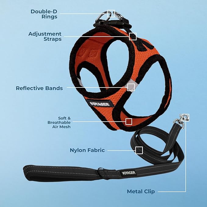 Voyager Step-in Air All Weather Mesh Harness and Reflective Dog 5 ft Leash Combo with Neoprene Handle, for Small, Medium and Large Breed Puppies by Best Pet Supplies - Orange/Black Trim, XXX-Small