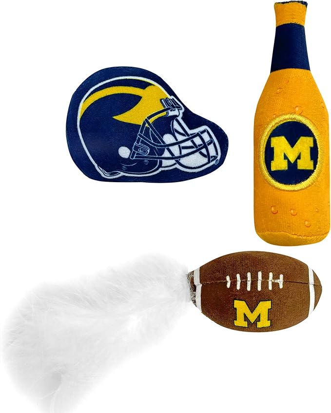 BEST PLUSH CAT TOY NCAA MICHIGAN WOLVERINES Complete Set of 3 piece Cat Toys filled with Fresh Catnip. Includes: 1 Helmet Cat Toy, 1 Football Cat Toy with Feathers & 1 Beer Bottle. Beautiful Team LOGO