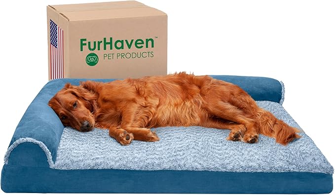 Furhaven Memory Foam Dog Bed for Large Dogs w/ Removable Bolsters & Washable Cover, For Dogs Up to 95 lbs - Two-Tone Plush Faux Fur & Suede L Shaped Chaise - Marine Blue, Jumbo/XL