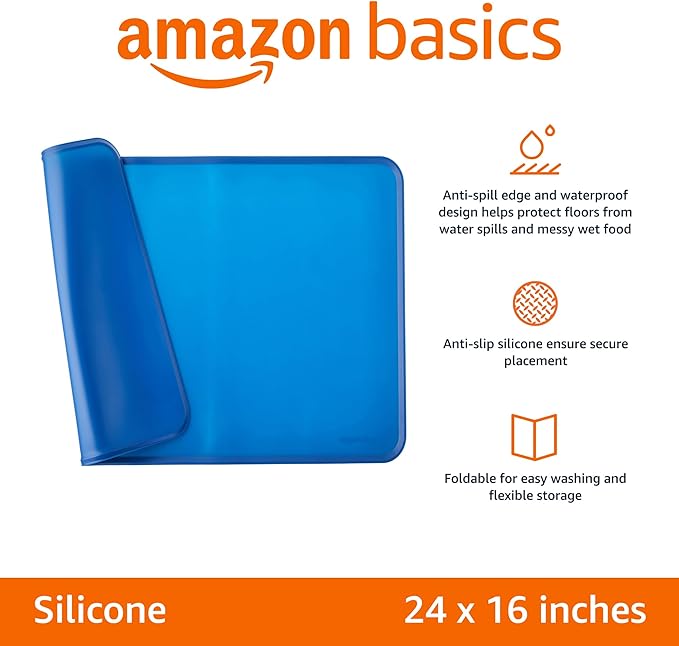 Amazon Basics Waterproof Anti-Slip Silicone Pet Food and Water Bowl Mat, 24 x 16 Inches, Solid, Blue