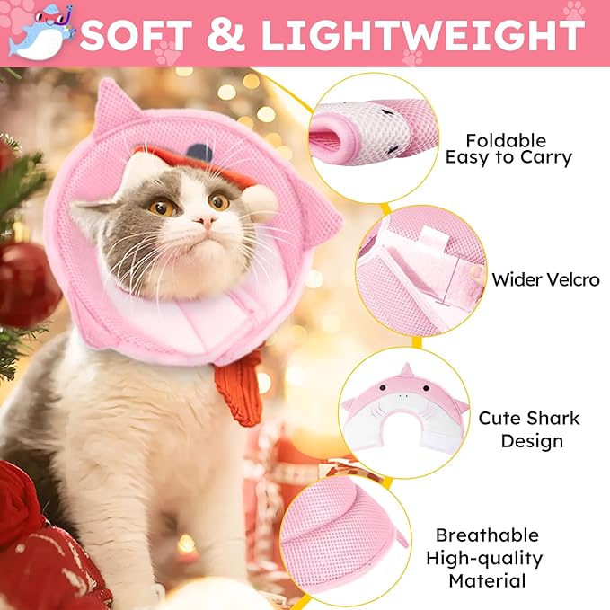 Cat Cone Collar Soft, Adjustable Cat Recovery Collar After Surgery to Prevent Licking Wound, Breathable Cat Neck Cone Comfortable Pet Elizabethan Collar for Cats Kittens Cute Shark Design