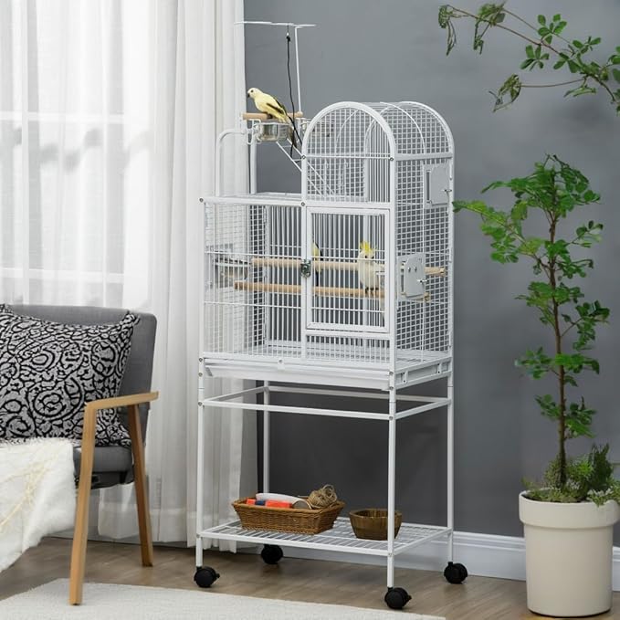 NicBex 55" Large Bird Cage with Play Top and Stand,Pet Flight Birdcage for Parrot Lovebirds Finches Parakeets Budgie Parrotlet Conures,Bird Cage with Tray, Food Cups, Rolling Stand,White