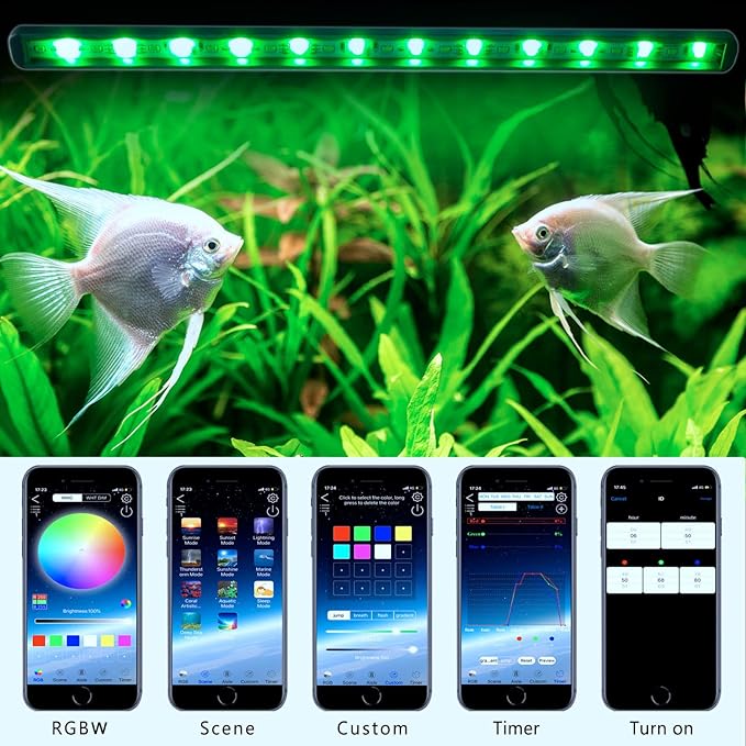 Smart Aquarium Light with App Timer, Dynamic Lighting Landscape for 7-62 Inches Fish Tank, 7/24 Auto Power On/Off, RGBW Full Spectrum Aquarium Lighting (2023 Version)