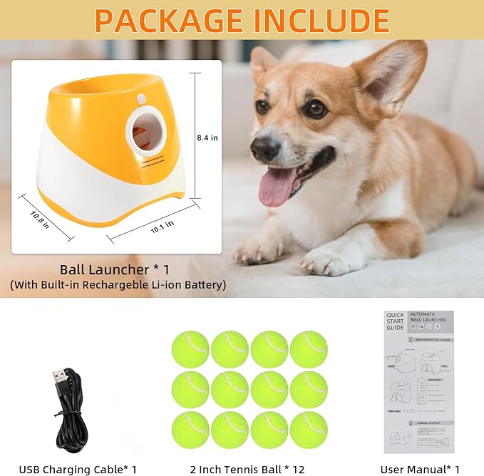 Automatic Dog Ball Launcher - Dog Fetch Machine for Small Sized Dogs,3 Launch Distances, Ball Launcher for Dogs with 12 Balls, Rechargeable Ball Thrower for Dogs (Orange)