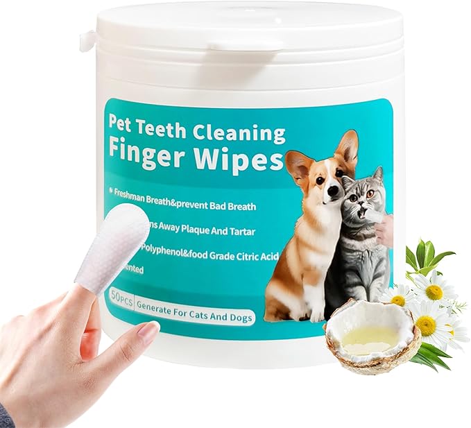 Teeth Cleaning Finger Wipes for Dogs & Cats, Reduces Plaque & Freshens Breath Teeth Care Wipes, Easy to Use Disposable Gentle Cleaning & Gum Care Pet Wipes, No-Rinse Dog Finger Wipes，50 Counts