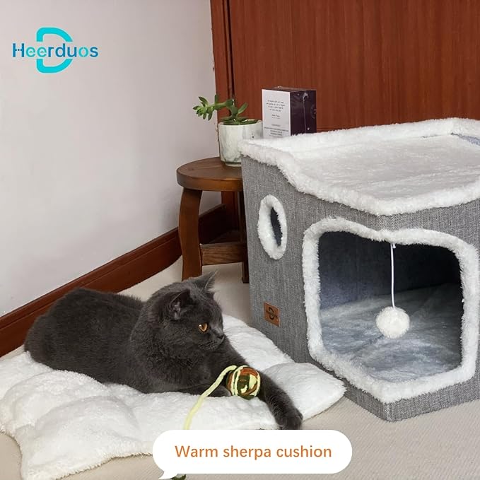 Cat Bed for Indoor Cats,Covered Cat Cave House & Furniture with Scratch Pad,Foldable Cat Hideaway Hut Cute Cat Condo with Soft Washable Mat for Multi Small Pet Under 30 lbs,Green