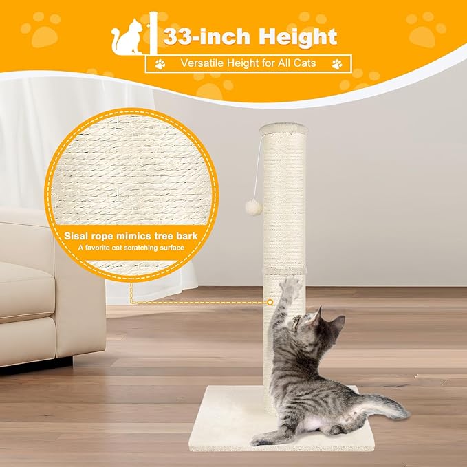 Cat Scratching Post 34 inch Mid, Nature Sisal Cat Scratch Post for Indoor Cats, Large Cat Scratcher Protect Your Furniture, for All Breeds, White