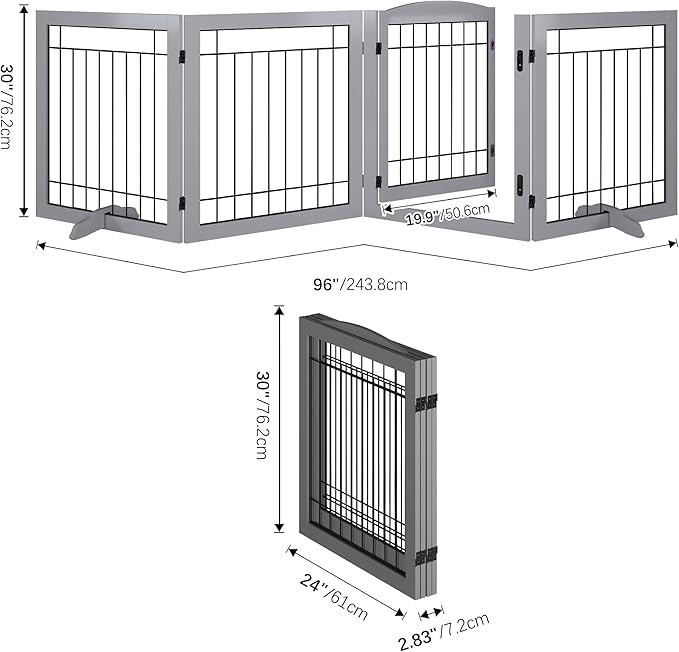 Folding Pet Gate 96" Wide, 30" Tall No-Assembly Wooden Dog Gate with Door Walk Through, Freestanding Wire Pet Gate, Pet Puppy Safety Fence, with 2PCS Support - Gray