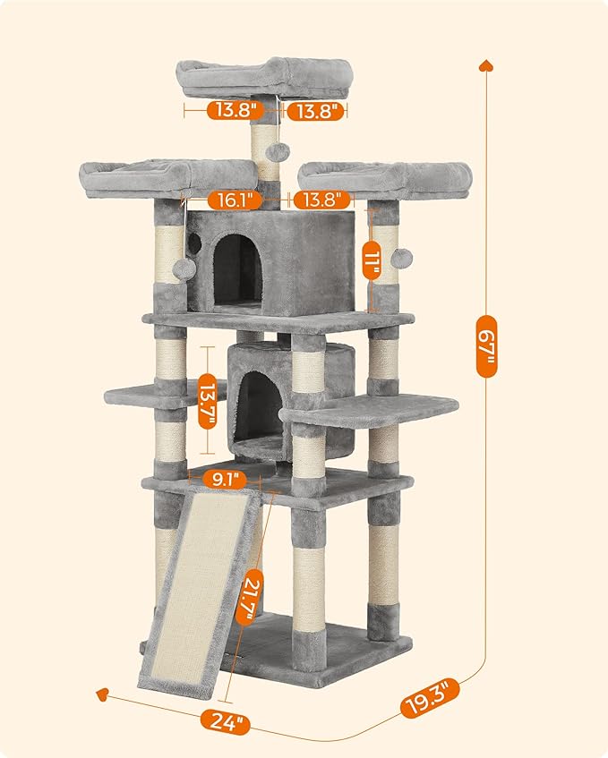 FEANDREA 67-Inch Multi-Level Cat Tree for Large Cats, with Cozy Perches, Stable, Light Gray UPCT18W