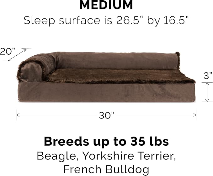 Furhaven Memory Foam Dog Bed for Medium/Small Dogs w/ Removable Bolsters & Washable Cover, For Dogs Up to 35 lbs - Plush & Velvet L Shaped Chaise - Sable Brown, Medium