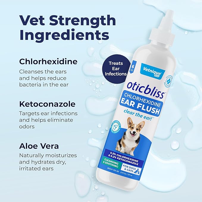 Vetnique Oticbliss Medicated Dog Ear Infection Treatment, Antiseptic Ear Cleaner for Cat & Dog Ear Cleaning Solution with Chlorhexidine & Ketoconazole (6oz Flush)