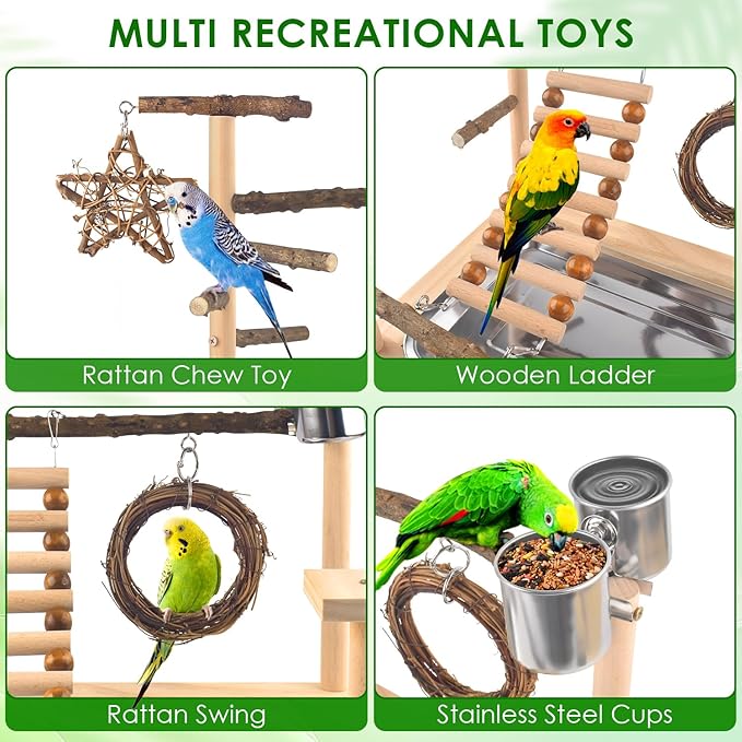 KATUMO Bird Playground Bird Perch Stand Natural Parrot Playstand Parakeet Platform Conure Swing Toy Cockatiel Ladder Bird Cage Toys with Removable Tray and 2 Stainless Steel Cups