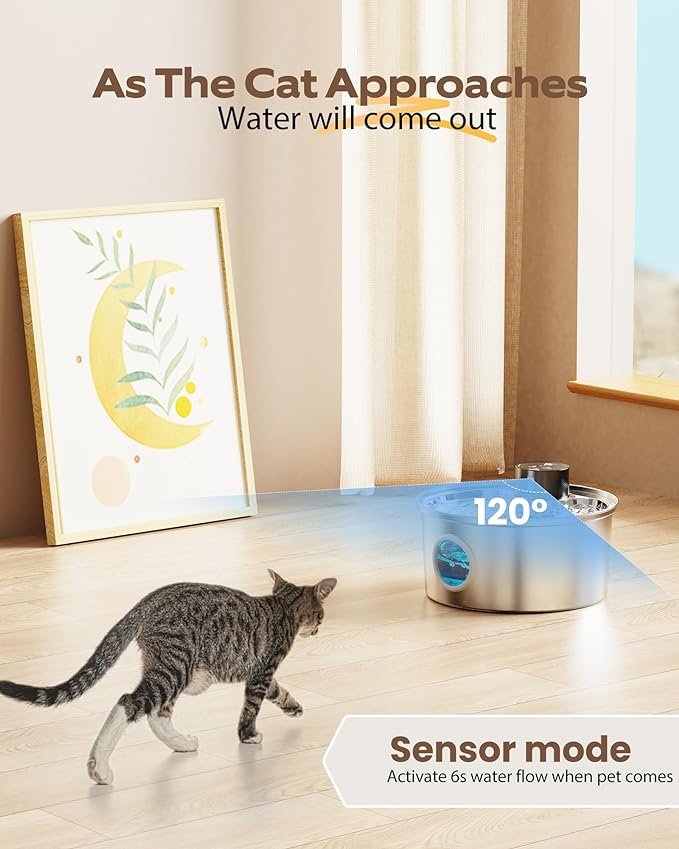 Battery Operated Cat Water Fountain Wireless: Stainless Steel Pet Bowl Dispenser - Automatic Cats Drinking Fountains Cordless - Rechargeable Dog Waterer Fountain Indoor with Motion Sensor - 108oz