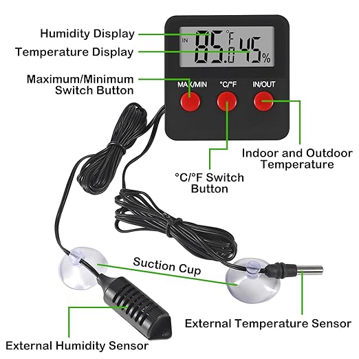 Reptile Thermometer and Humidity Gauge with Probes and Suction Cup Reptile Terrarium Thermometer Hygrometer Digital Display Indoor Outdoor Aquarium Thermometer