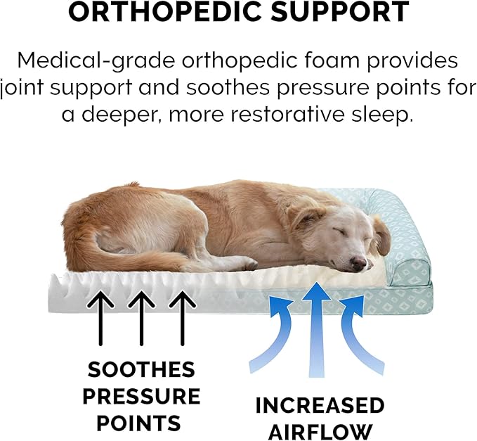 Furhaven Cozy Orthopedic Dog Bed for Large Dogs w/ Removable Bolsters & Washable Cover, For Dogs Up to 95 lbs - Plush & Diamond Print Nest Top Sofa - Aqua, Jumbo/XL