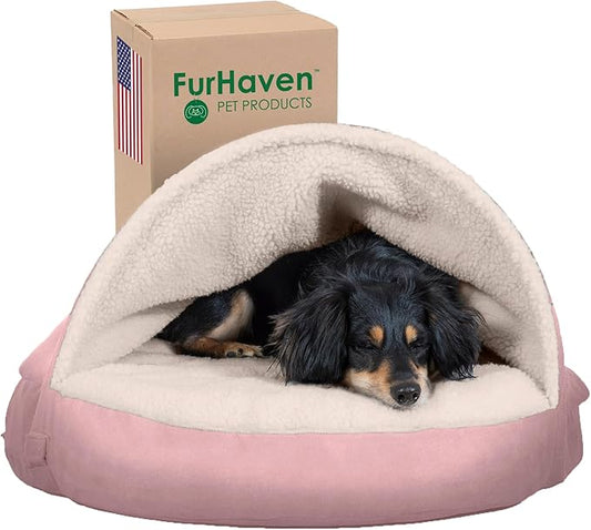 Furhaven 26" Round Cooling Gel Dog Bed for Medium/Small Dogs w/ Removable Washable Cover, For Dogs Up to 30 lbs - Sherpa & Suede Snuggery - Pink, 26-inch