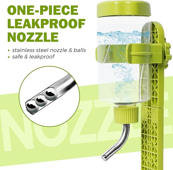 Pet Standing Water Dispenser Top Fill Dog Water Bottle Dispenser with Stand Leakproof Pet Slow Water Bottle for Small Animals, 13oz, BPA Free, Adjustable Height, Green