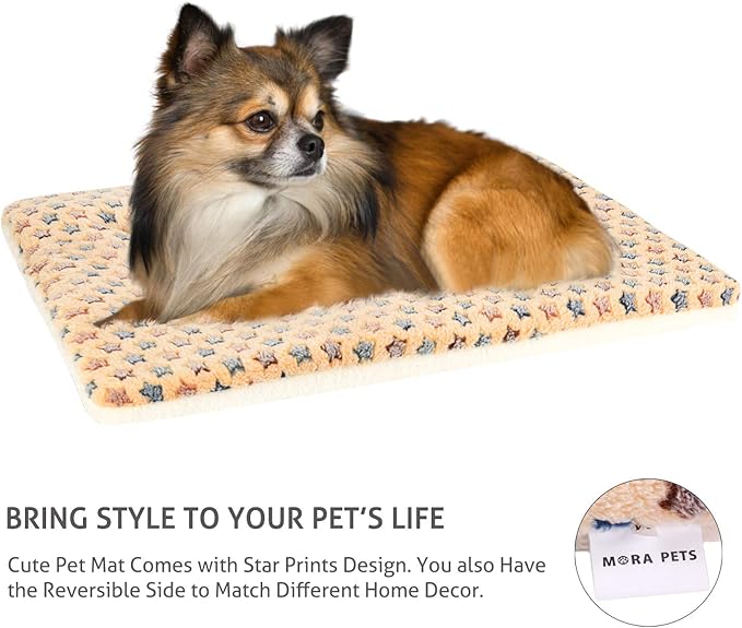 Mora Pets Dog Bed Crate Pad Ultra Soft Pet Bed with Cute Star Print Washable Crate Mat for Large Medium Small Dogs Reversible Fleece Dog Crate Kennel Mat Cat Bed Liner 21 x 12 inch Brown