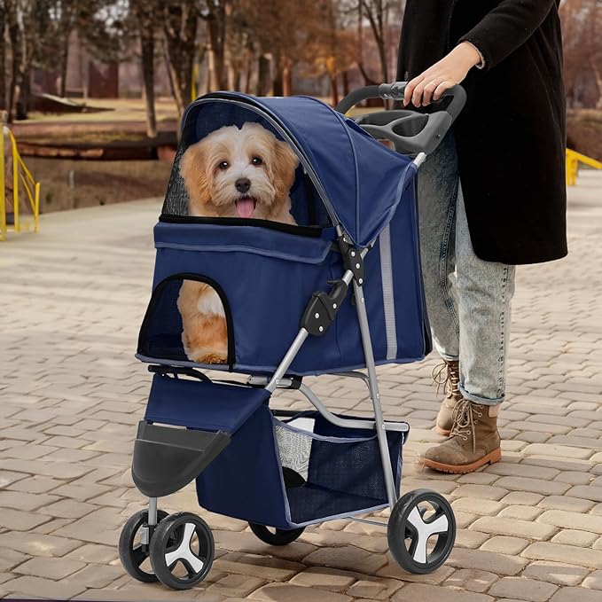 MoNiBloom 3 Wheels Pet Stroller, Foldable Dog Cat Cage Jogger Stroller with Weather Cover for All-Season, Storage Basket and Cup Holder, Breathable and Visible Mesh for Small/Medium Pets, Blue