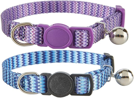 Breakaway Cat Collar with Bell, 2 Pack Adjustable Nylon Cat Collars for Male Boy Cats, Blue & Purple