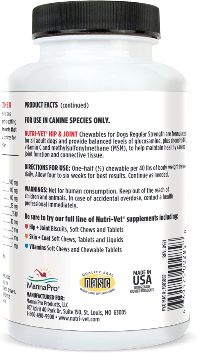 Nutri-Vet Hip & Joint Chewable Dog Supplements | Formulated with Glucosamine & Chondroitin for Dogs | 120 Count