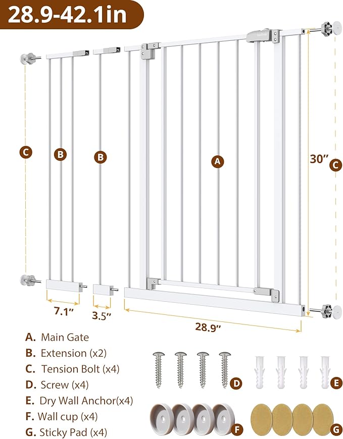 InnoTruth Baby Gate for Stairs 28.9-42.1" Wide, 30" Tall Easy Step Walk Through Expandable Dual Lock Dog Gates for The House, Metal Pressure Mounted Easy Install Pet Gate for Dogs, White