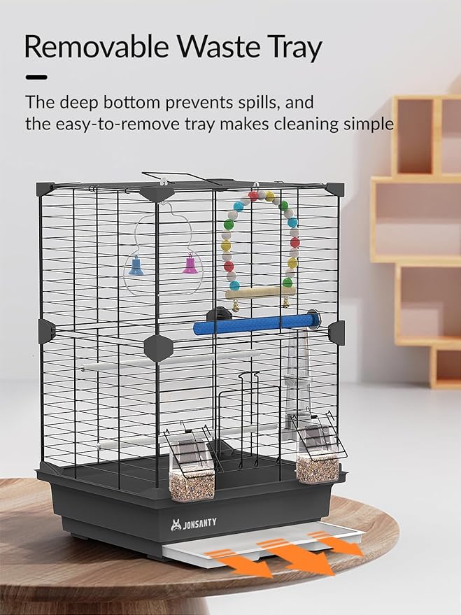 17 Inch Small Square Metal Pet Bird Cage, Parrot Cage, Bird Carrier Travel Cage, with Bird Standing Stick, Swing, Water Feeder, Easy to Clean, for Budgies, Zebra Finches and Other Small Birds