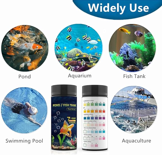 7 in 1 Aquarium Test Strips, 100 Strips Fish Tank Water Test Strips, Freshwater Saltwater Test Kit for pH, Carbonate, Alkalinity, Hardness, Chlorine, Nitrite