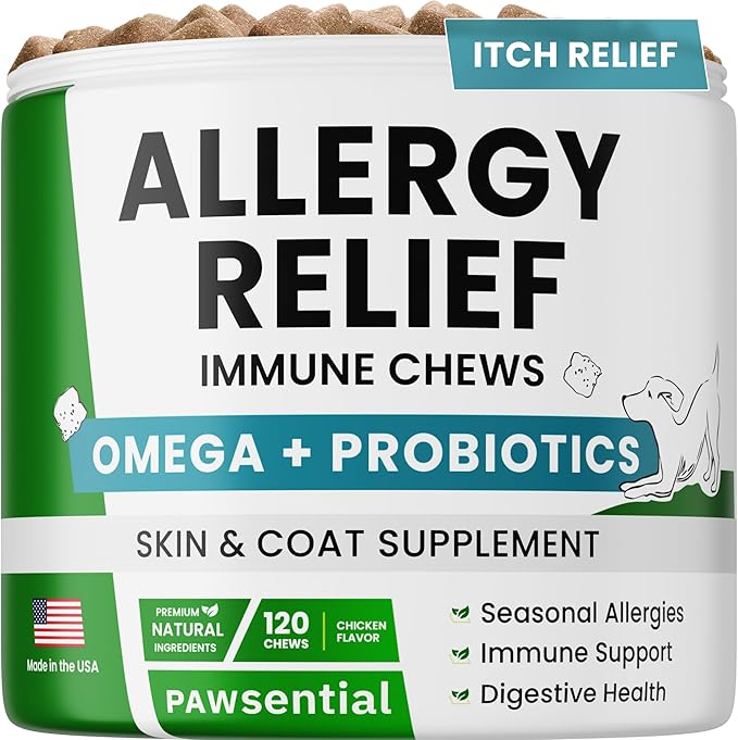 Allergy Relief Dog Chews - Itchy Skin Relief w/Probiotics + Omega 3 + Colostrum - Seasonal Allergies - Anti-Itch Treats - Skin&Coat + Immune Supplement - Made in USA - Chicken Flavor -120Ct