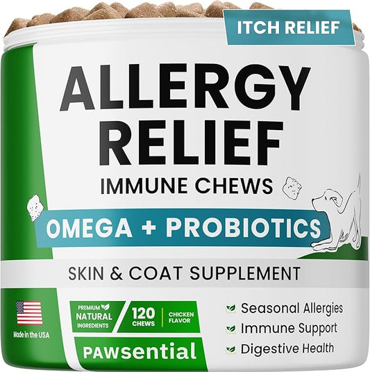 Allergy Relief Dog Chews - Itchy Skin Relief w/Probiotics + Omega 3 + Colostrum - Seasonal Allergies - Anti-Itch Treats - Skin&Coat + Immune Supplement - Made in USA - Chicken Flavor -120Ct