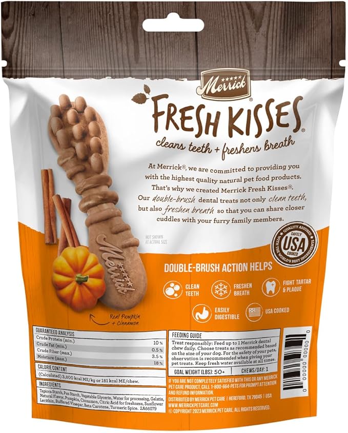 Merrick Fresh Kisses Natural Dental Chews, Treats Infused with Pumpkin and Cinnamon for Large Dogs Over 50 Lbs - 4.8 Oz. Pouch