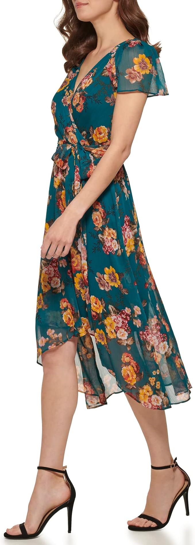 DKNY Women's Short Sleeve Asymmetrical Hem Faux Wrap Dress