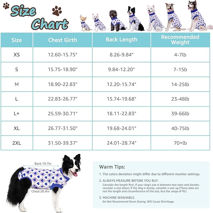 Recovery Suit for Dogs, Dog Recovery Suit Male Female Post Spay, Neuter, Abdominal Surgery Recovery Suit with an Inner Layer Pocket, Prevent Licking Soft Breathable Cotton, Blue, L