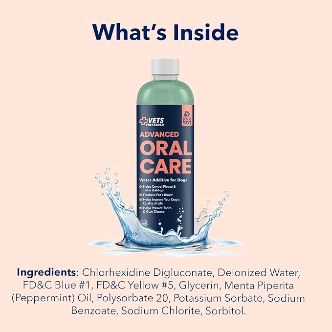 Vets Preferred Oral Care Water Additive for Dogs - Healthy Mouth Dog Breath Freshener Mouthwash - Fights Bad Breath, Removes Plaque and Tartar - Prevents Gum Disease - Mild Mint Flavor