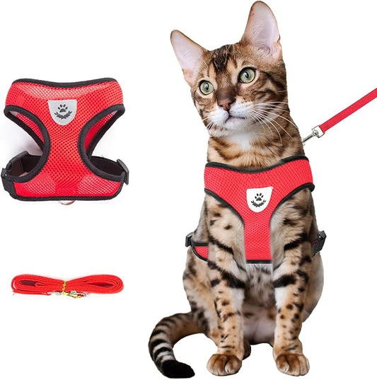 Summer cat Chest Harness and Leash, Anti-Escape Adjustable Soft mesh cat Leash and Chest Harness Set for All Types of Cats cat Vests (Size L,Red)