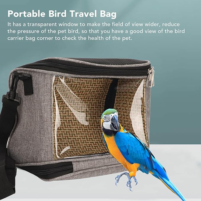 flexman Bird Carrier Bag, Portable Transparent Lightweight Breathable Parrot Travel Cage with Side Pockets: for Macaws, Parrots, Birds, Hamsters, Small Lizards (Grey)