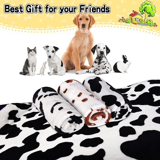 Dog Blankets for Largel Dogs,3 Pack Dog Cat Soft Fuzzy Blankets Washable,Comfort Flannel Cow Print,Fuzzy Soft Pet Mat Blankets,Pet Blanket,Reversible Print,42x32 inch Brown White Cow Print.