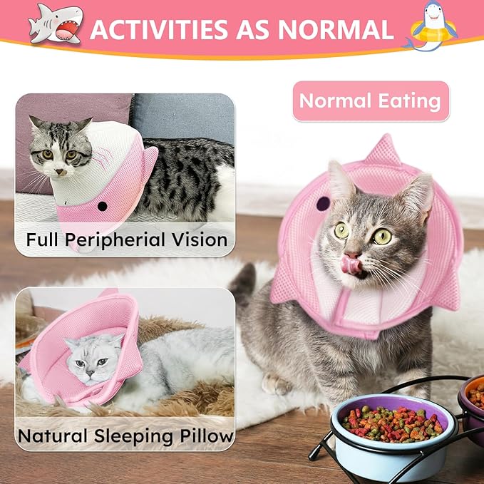 Cat Cone Collar Soft, Adjustable Cat Recovery Collar After Surgery to Prevent Licking Wound, Breathable Cat Neck Cone Comfortable Pet Elizabethan Collar for Cats Kittens Cute Shark Design