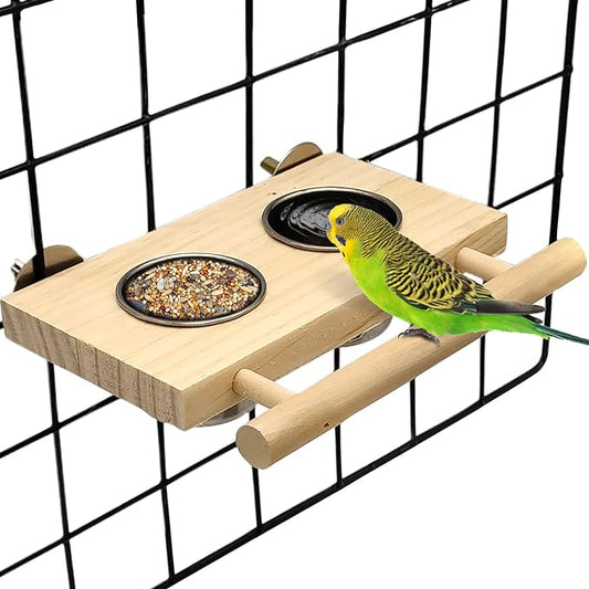 Tfwadmx Bird Food Stainless Steel Cups Wooden Perch Stand Hanging Feeder Bowls Feeding and Watering Supplies for Parakeets Conures Cockatiels Budgie Parrot