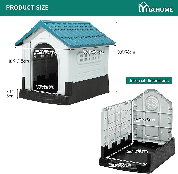 YITAHOME 33.1'' Folding Large Dog House Outdoor Plastic Doghouse with Adjustable Skylight and Elevated Base Water Resistant Pet House for Small, Medium Dogs (33.1''L*27.6''W*30''H)