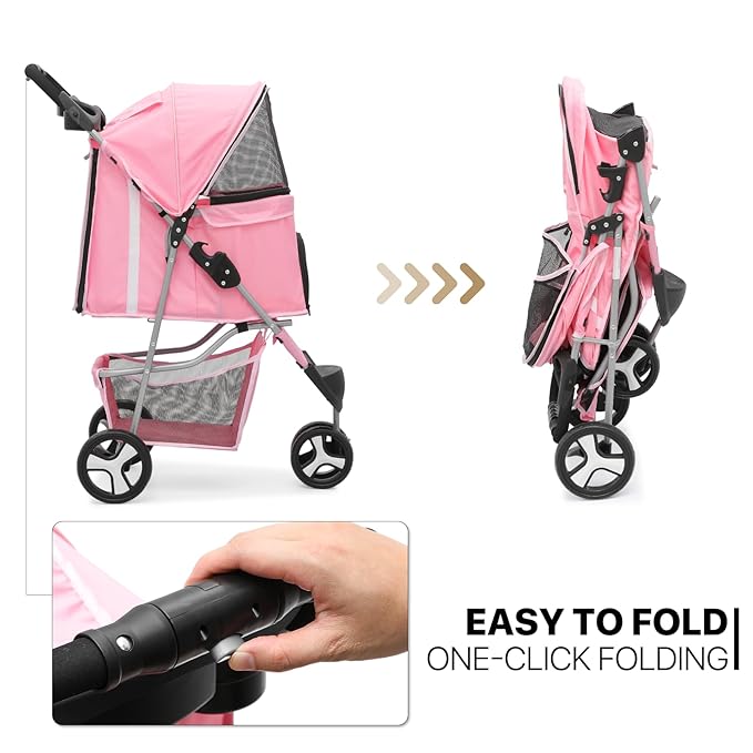 MoNiBloom 3-Wheels Foldable Pet Stroller w/Cover, Pet Strolling Cart for Small/Medium Dogs and Cats w/Cup Holder, Breathable Visible Mesh, Pink