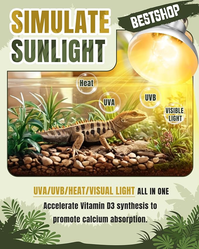Heat Lamp Bulbs, 100 Watt Reptile Heat Bulb, Full Spectrum UVA UVB Light Bulb, Natural Daylight, Basking Spot Light, Sun Light for Reptile and Amphibian 2 Pack