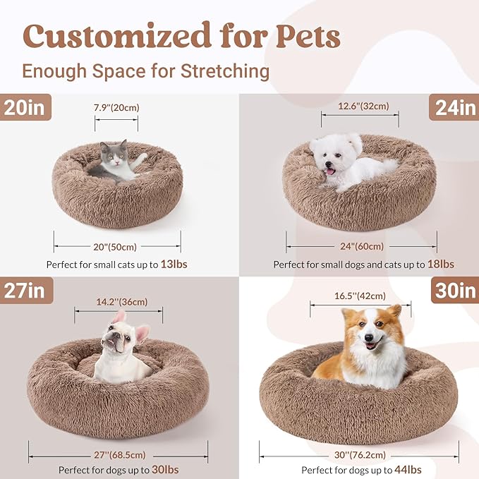 rabbitgoo Cat Beds for Indoor Cats, 20 inches Cat Bed Machine Washable, Fluffy Round Pet Bed Non-Slip, Calming Soft Plush Donut Cuddler Cushion Self Warming for Small Dogs Kittens, Light Brown, Medium