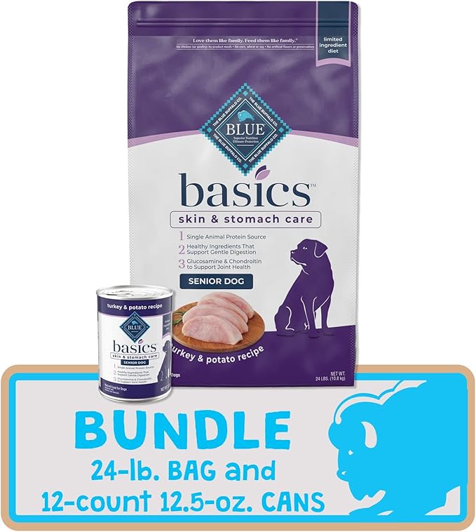 Blue Buffalo Basics Limited Ingredient Diet, Natural Senior Dog Food Bundle, Dry Dog Food and Wet Dog Food, Turkey (24-lb Dry Food + 12.5oz cans 12ct)