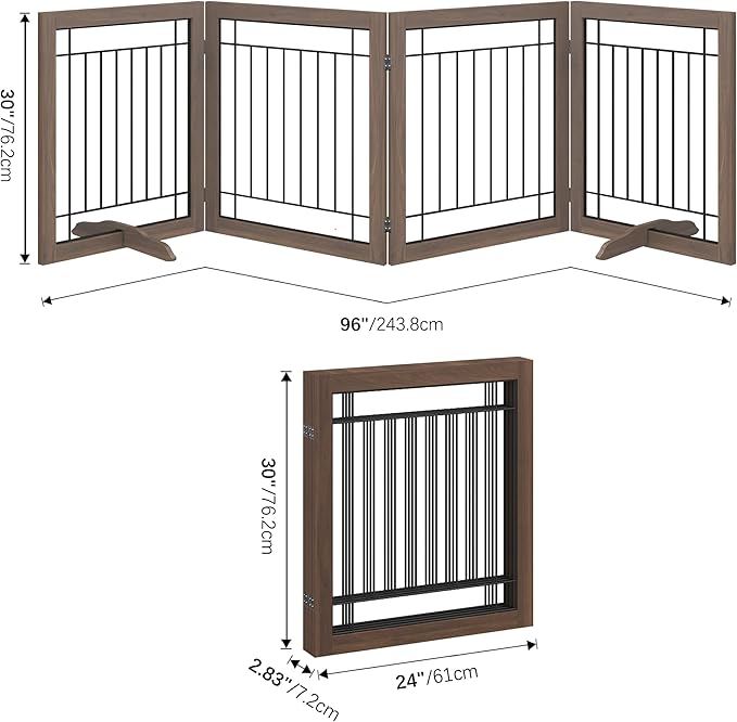 Folding No-Assembly Pet Gate 96" Wide, 30" Tall Wooden Dog Gate, Freestanding Wire Pet Gate, Pet Puppy Safety Fence, with 2PCS Support - Brown