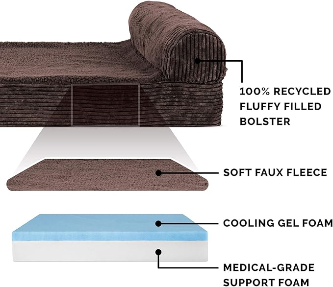 Furhaven Cooling Gel Dog Bed for Large Dogs w/ Removable Bolster & Washable Cover, For Dogs Up to 125 lbs - Fleece & Corduroy Bolster Chaise - Dark Espresso, Jumbo Plus/XXL